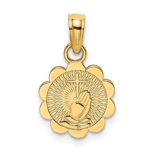 Lex & Lu 14k Yellow Gold Praying Hands and Cross On Scalloped Round Disk Charm - Lex & Lu