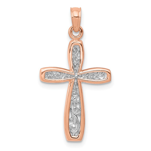 Lex & Lu 14k Yellow Gold w/Rhod Pink Cross White Filigree Center & Yellow Charm - Lex & Lu