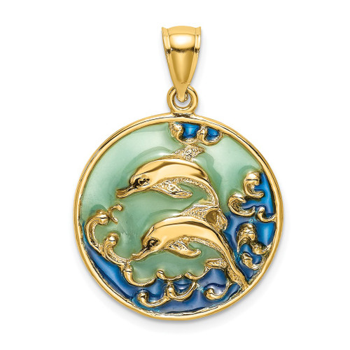 Lex & Lu 14k Yellow Gold 2D Dolphins and Blue Stained Glass Charm - Lex & Lu