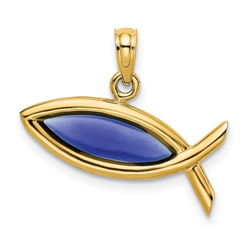 Lex & Lu 14k Yellow Gold 2D and Horizontal Blued Stained Glass Ichthus Charm - Lex & Lu