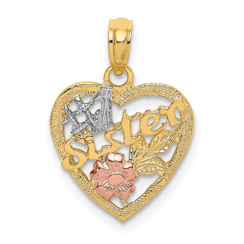 Lex & Lu 14k Tri-Color Gold #1 SISTER In Heart w/Flowers Charm - Lex & Lu