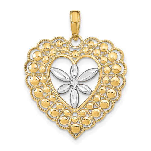 Lex & Lu 14 Yellow Gold w/RhodiumFlower and Beaded Heart Charm - Lex & Lu