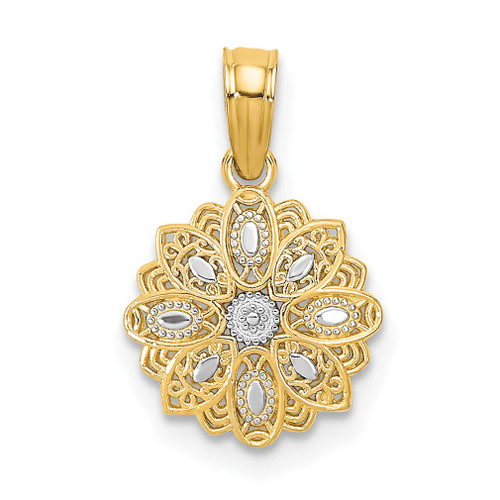 Lex & Lu 14 Yellow Gold w/Rhodiumand D/C Mini Filigree Flower Charm - Lex & Lu