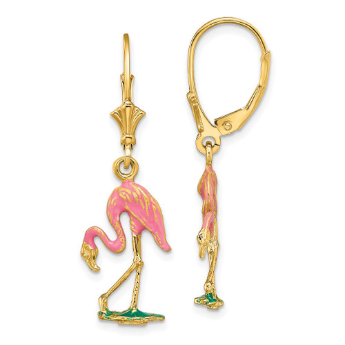 Lex & Lu 14k Yellow Gold w/Enamel 3D Flamingo Leverback Earrings - Lex & Lu