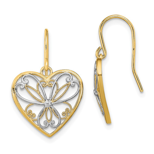 Lex & Lu 14k Yellow Gold w/Rhod Filigree Heart Shepherd Hook Earrings LALTF1879 - Lex & Lu