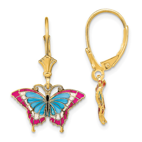 Lex & Lu 14k Yellow Gold Butterfly w/Blue Stained Glass Wings Leverback Earrings - Lex & Lu