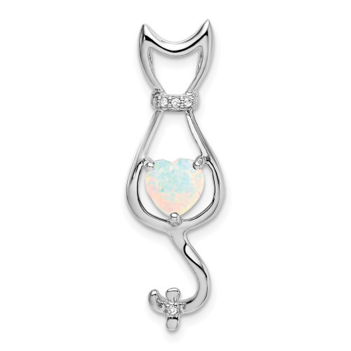 Lex & Lu 14k White Gold Created Opal and Diamond Cat Pendant - Lex & Lu