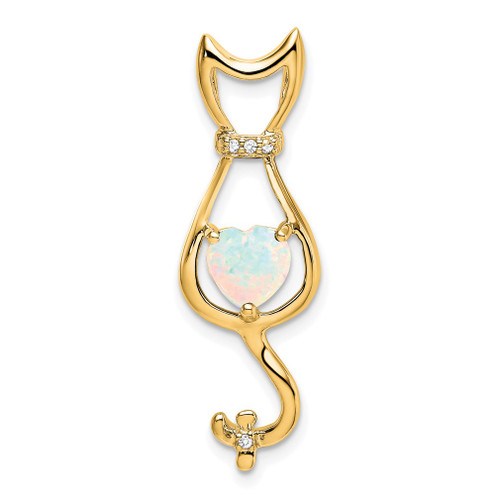 Lex & Lu 14k Yellow Gold Created Opal and Diamond Cat Pendant - Lex & Lu