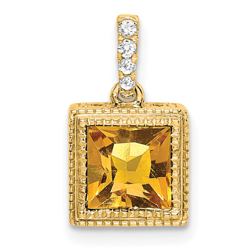 Lex & Lu 14k Yellow Gold Square Citrine and Diamond Pendant - Lex & Lu