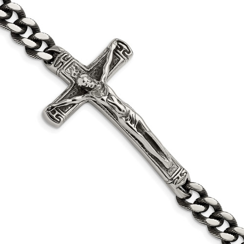 Lex & Lu Stainless Steel Antiqued and Polished Crucifix 8.75'' Bracelet - Lex & Lu