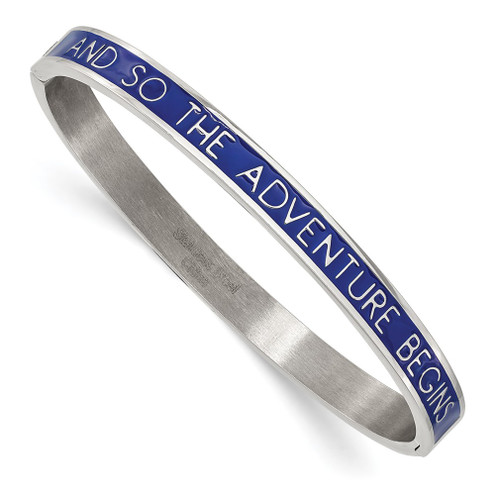 Lex & Lu Stainless Steel Polished Blue Enamel ADVENTURE BEGINS 6mm Bangle - Lex & Lu