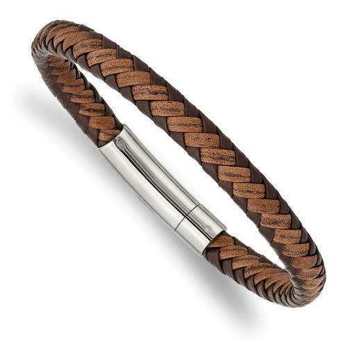 Lex & Lu Stainless Steel Polished Brown Braided Leather 8.25'' Bracelet - Lex & Lu