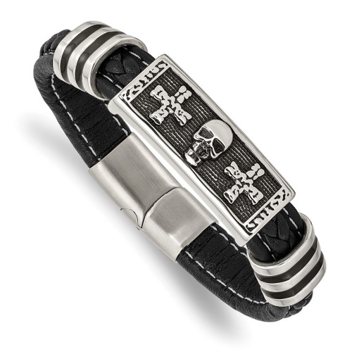 Lex & Lu Stainless Steel Antiqued, Polished w/Enamel Skull Faux Leather Bracelet - Lex & Lu