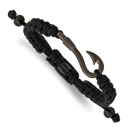 Lex & Lu Stainless Steel Brushed Gun Metal IP Fishing Hook Black Nylon Bracelet - Lex & Lu