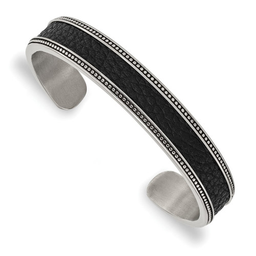 Lex & Lu Stainless Steel Antiqued, Polished w/Textured Leather Inlay 12mm Bangle - Lex & Lu