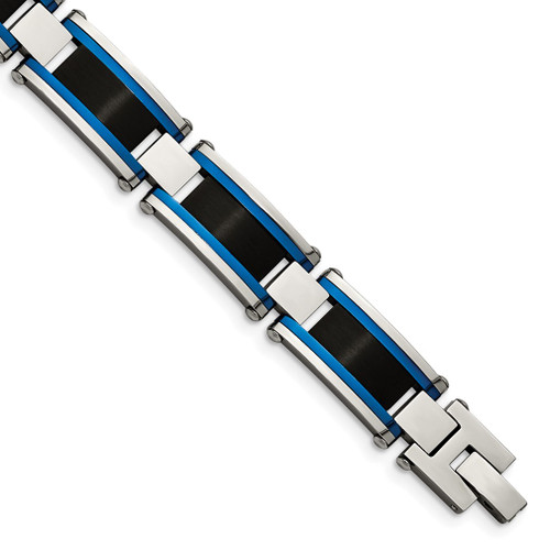 Lex & Lu Stainless Steel Brushed & Polished Black, Blue IP-plated 8.75'' Bracelet - Lex & Lu