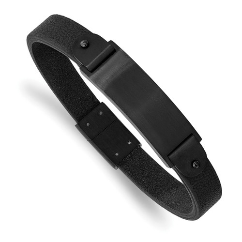 Lex & Lu Stainless Steel Brushed Black IP-plated Black Leather 8.5'' ID Bracelet - Lex & Lu