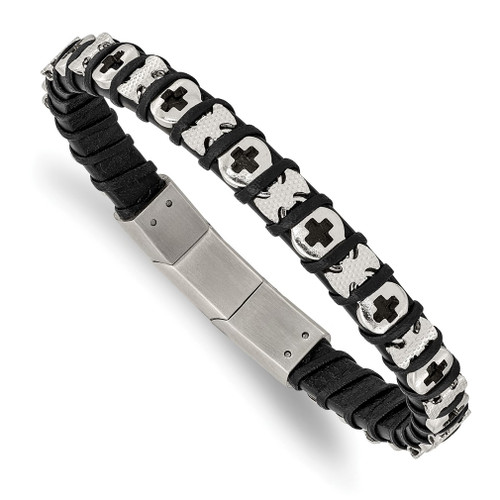 Lex & Lu Stainless Steel Polished Cross Black Leather w/.5'' ext 8'' Bracelet - Lex & Lu