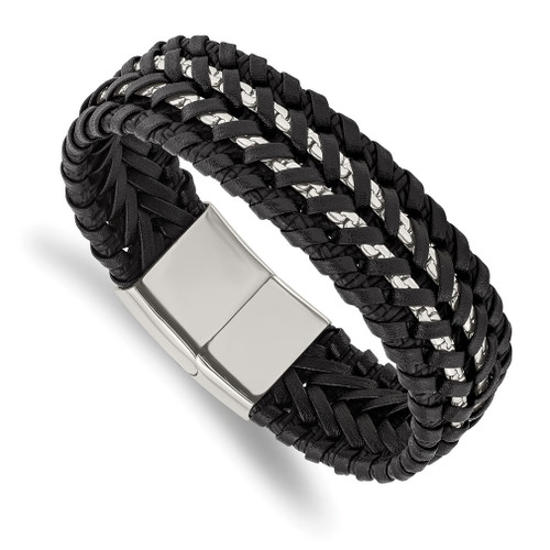 Lex & Lu Stainless Steel Polished Black Woven Leather and Chain 8.5'' Bracelet - Lex & Lu