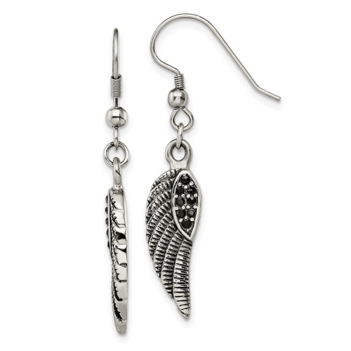 Lex & Lu Stainless Steel Antiqued, Pol. w/Black Crystal Wings Dangle Earrings - Lex & Lu