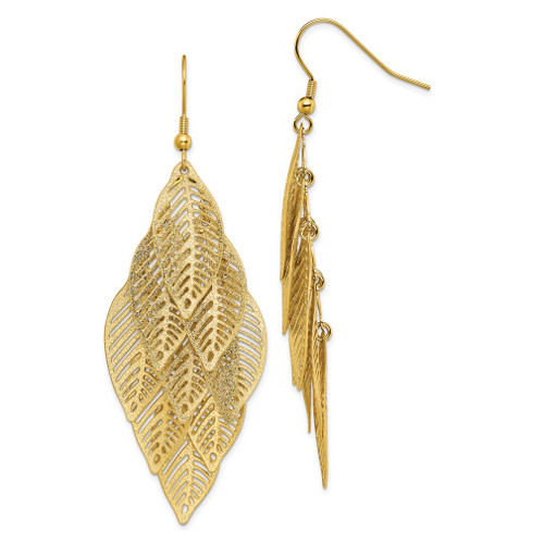 Lex & Lu Stainless Steel Polished and Textured Yellow IP Leaves Dangle Earrings - Lex & Lu