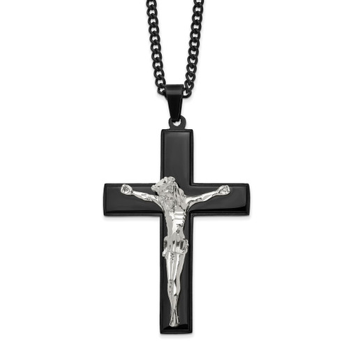 Lex & Lu Stainless Steel Polished Black IP-plated Crucifix 24'' Necklace LAL5798 - Lex & Lu