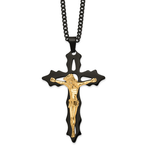 Lex & Lu Stainless Steel Pol. Black/Yellow IP-plate Cutout Crucifix 24'' Necklace LAL5799 - Lex & Lu