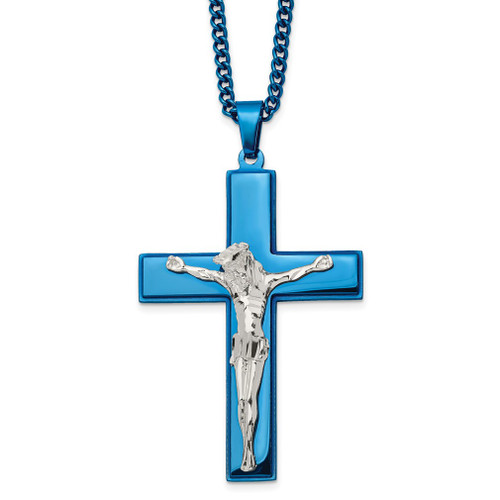 Lex & Lu Stainless Steel Polished Blue IP-plated Crucifix 24'' Necklace - Lex & Lu