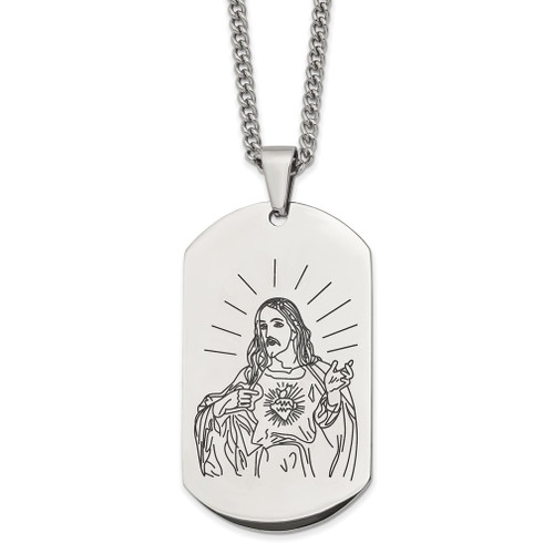 Lex & Lu Stainless Steel Polished Etched Jesus Dog Tag 24'' Necklace - Lex & Lu