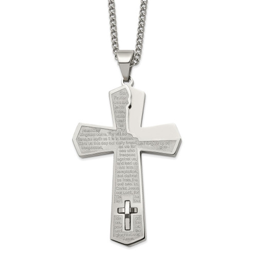 Lex & Lu Stainless Steel Polished Lord's Prayer Cross 24'' Necklace LAL5843 - Lex & Lu