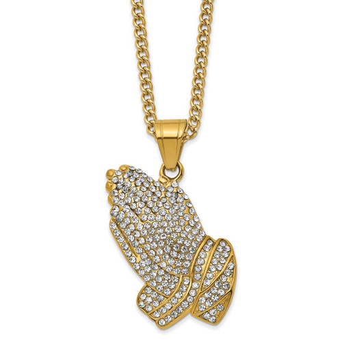 Lex & Lu Stainless Steel Polished Yellow IP w/Crystal Praying Hands 24'' Necklace - Lex & Lu