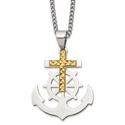 Lex & Lu Stainless Steel Polished Yellow IP-plated D/C Cross/Anchor 24'' Necklace LAL5858 - Lex & Lu