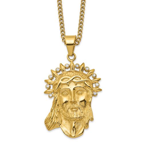 Lex & Lu Stainless Steel Polished Yellow IP-plated w/Crystal Jesus 24'' Necklace LAL5867 - Lex & Lu