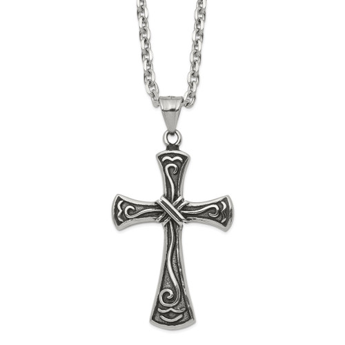 Lex & Lu Stainless Steel Antiqued and Polished Cross 24'' Necklace - Lex & Lu