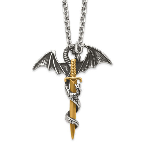 Lex & Lu Stainless Steel Antiqued & Polished Yellow IP Dragon/Sword 24'' Necklace - Lex & Lu