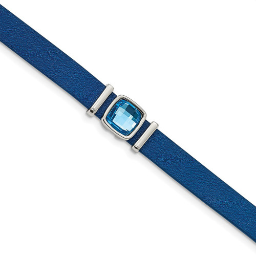 Lex & Lu Stainless Steel Polished Blue Leather with Crystal 13'' Choker - Lex & Lu
