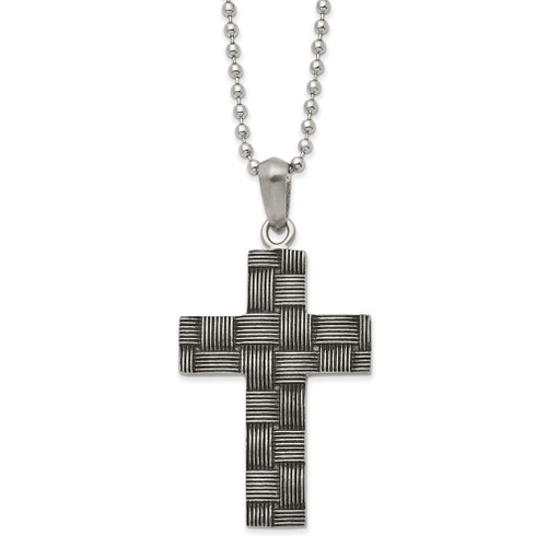 Lex & Lu Stainless Steel Antiqued & Polished Basket Weave Design Cross Necklace - Lex & Lu