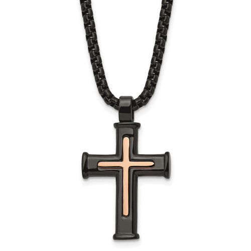 Lex & Lu Stainless Steel Polished Black/Rose IP-plated Cross 24'' Necklace - Lex & Lu
