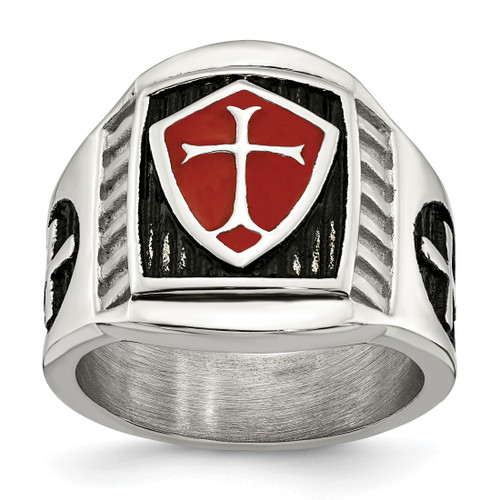 Lex & Lu Stainless Steel Antiqued and Polished w/Red Enamel Cross/Shield Ring - Lex & Lu