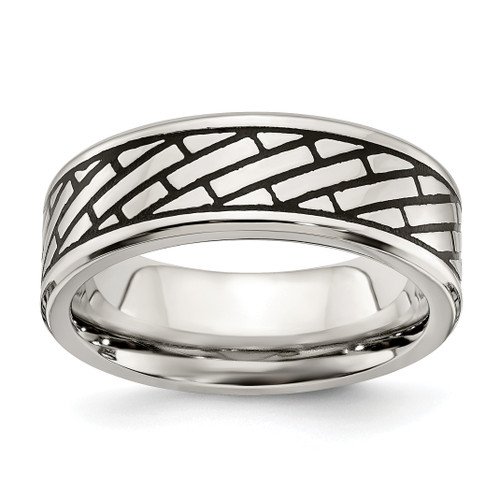 Lex & Lu Stainless Steel Antiqued and Polished Brick Pattern 7.5mm Band Ring - Lex & Lu