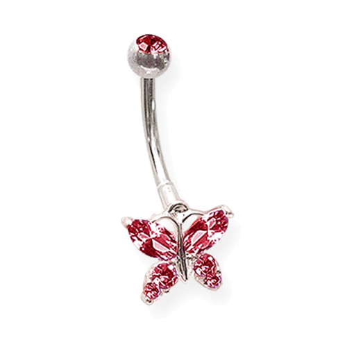 Lex & Lu Steel Belly Ring 14 Gauge 7/16" Long w/Butterfly Charm Red-Lex & Lu