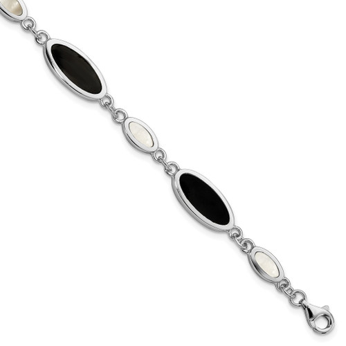 Lex & Lu Sterling Silver Onyx & Mother of Pearl Bracelet 7'' LAL25563 - Lex & Lu