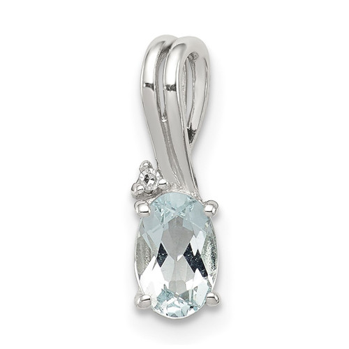 Lex & Lu Sterling Silver w/Rhodium Diamond Aquamarine Oval Pendant LAL25588 - Lex & Lu