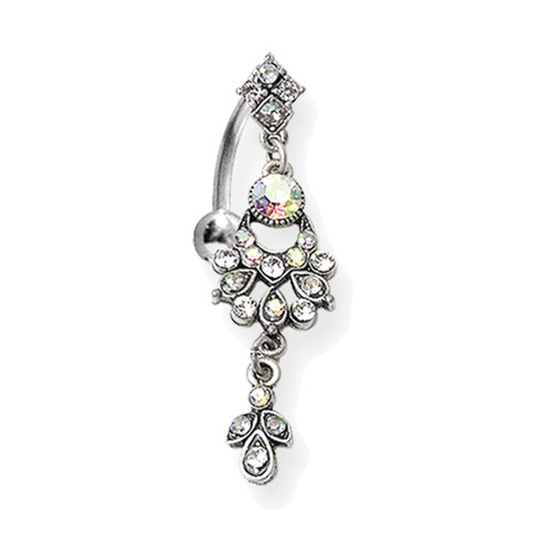 Lex & Lu Steel Belly Ring 14 Gauge 7/16" Long w/Fancy CZ Top Dangle-GNT148 AB-Lex & Lu