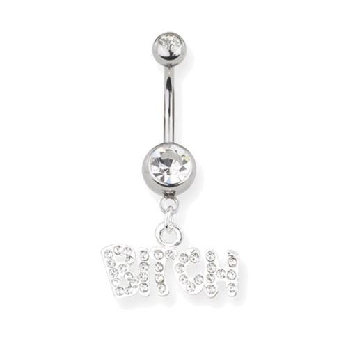 Lex & Lu Steel Belly Ring 14 Gauge 7/16" w/Dangling Pave Word-101-Lex & Lu