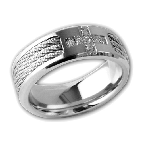 Lex & Lu Men's Stainless Steel Black Rope w/Cz Cross 8mm Band Ring-Lex & Lu