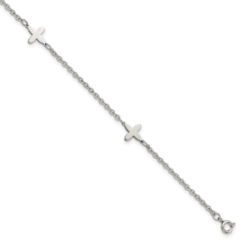 Lex & Lu Chisel Stainless Steel Polished Cross Charms Anklet 9'' - Lex & Lu