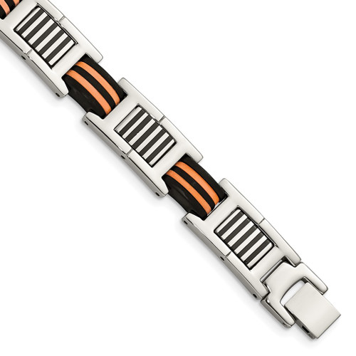 Lex & Lu Chisel Stainless Steel Orange and Black Rubber Polished Bracelet 8.5'' - Lex & Lu