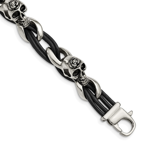 Lex & Lu Chisel Stainless Steel Polished Skulls/Roses Leather Bracelet 8'' - Lex & Lu