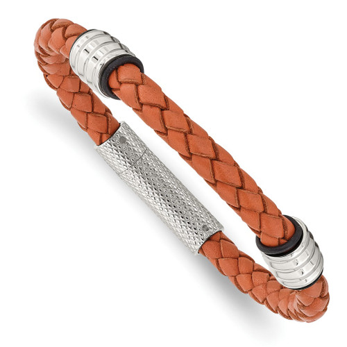 Lex & Lu Chisel Stainless Steel Polished Orange Leather Bracelet 8.25'' - Lex & Lu